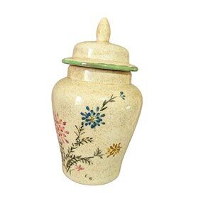 Hand-Painted Floral Ceramic Ginger Jar With Lid 7.5" Tall Vintage Speckled Beige